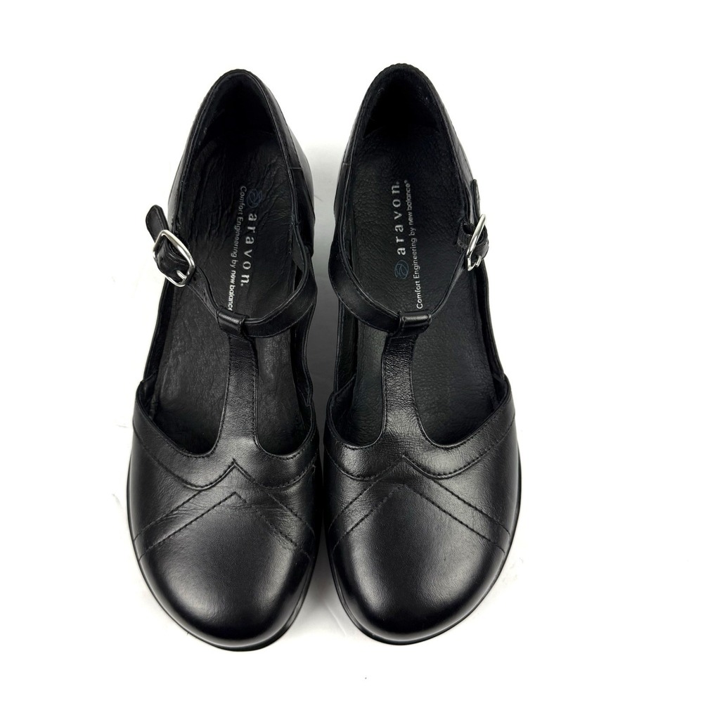 Aravon Maura T Strap Shoes 7 Black‎ Leather Maryjane Comfort Heel Brand NEW